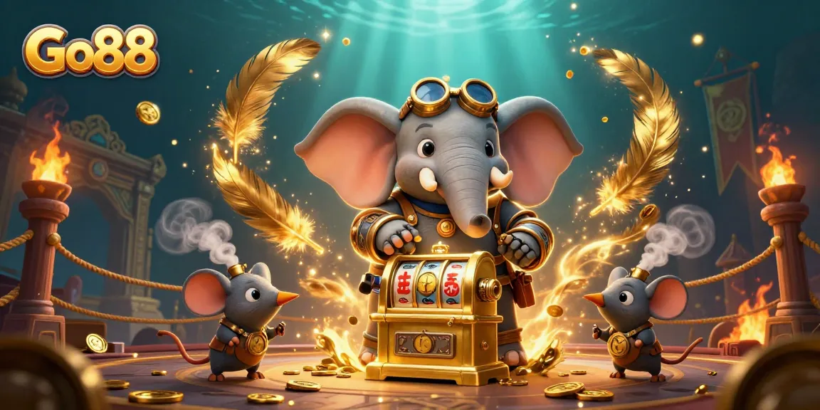 Experience excitement at Go88 as the steampunk elephant operates a golden slot machine in a vivid casino scene.