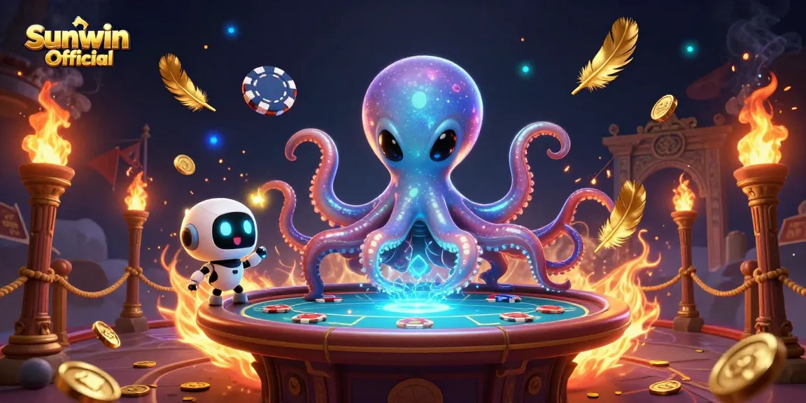 Experience thrilling gameplay with Sunwin Official as a cartoon alien octopus operates a holographic poker table.
