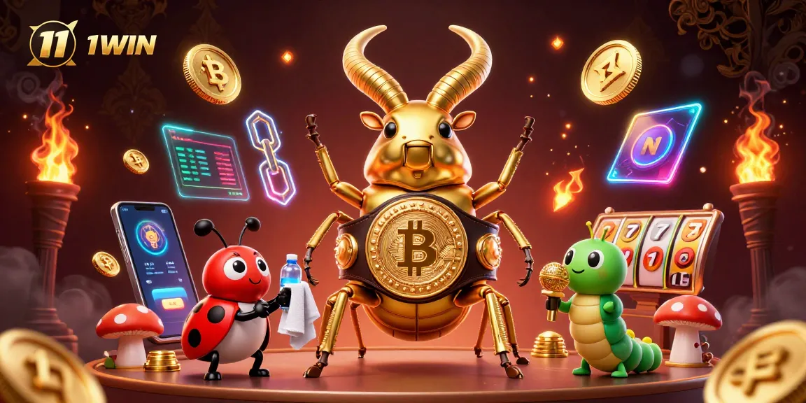 Engage in thrilling 11WIN gaming with a boxing beetle, jackpot reels, and vibrant crypto elements.