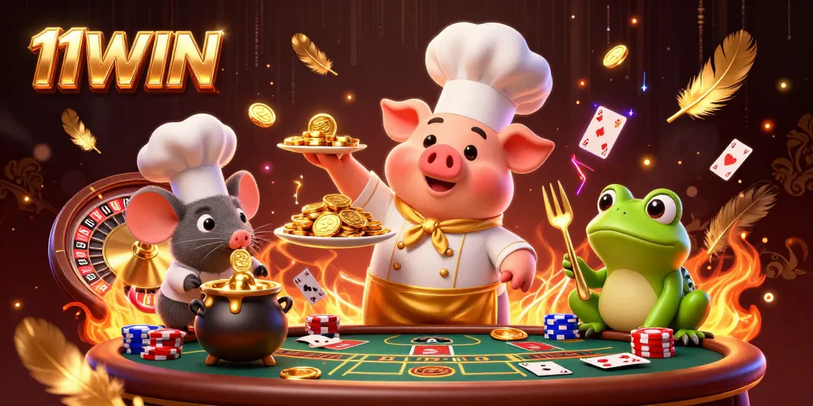 Experience the thrill of 11WIN with a vibrant casino scene showcasing a chef pig, a sous-chef mouse, and a frog critic amidst gaming excitement.