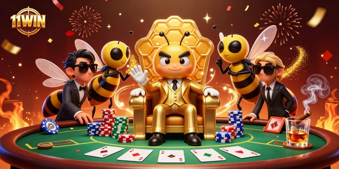 Engage in thrilling poker action with 11WIN's mob boss bumblebee and vibrant characters in a high-stakes casino.