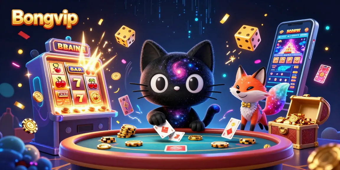 Bongvip offers thrilling gameplay with its cosmic casino scene featuring a black hole cat and vibrant game elements.