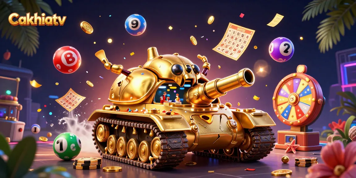 Cakhiatv showcases a vibrant casino scene with a golden beetle tank, lively lottery balls, and engaging game elements.