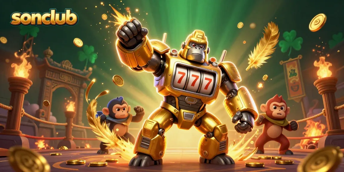 Experience thrilling gameplay at sonclub with a dynamic 3D golden gorilla mech and exciting game elements.