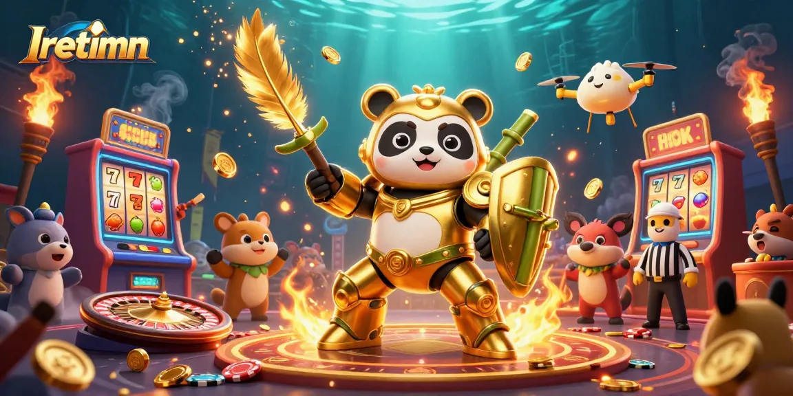 Iretimn showcases a dynamic casino scene with a mech-suit panda, slot machine, and cheering spectators.