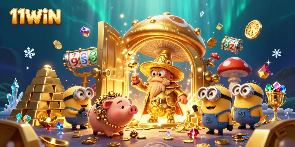 Experience the magic of 11WIN with enchanting gaming characters and golden treasures bursting in a vibrant scene.