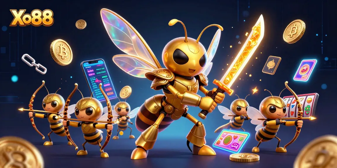 Xo88 showcases an exciting 3D illustration with a hornet samurai and characters winning in a vibrant casino.