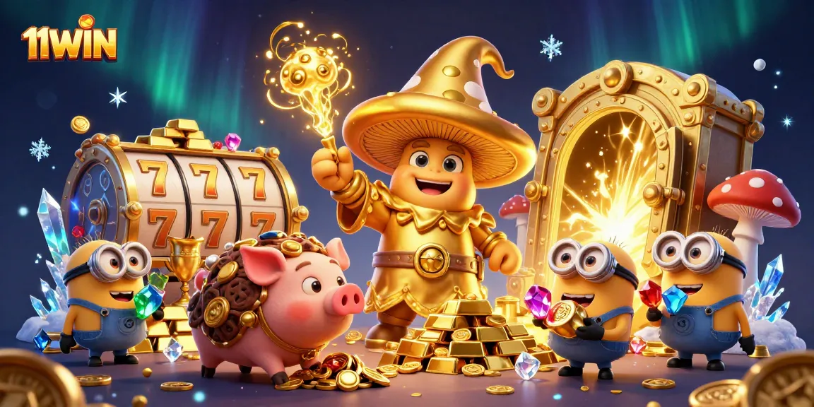 Engage with 11WIN in a magical casino adventure with golden treasures and vibrant slot reels.