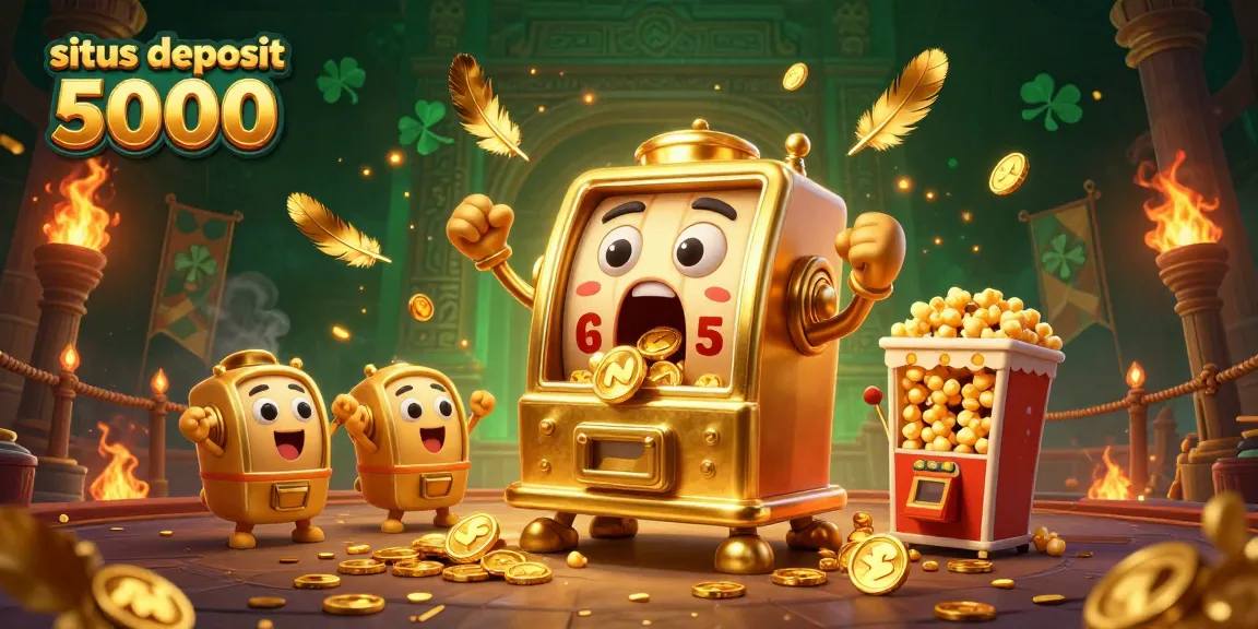 Situs deposit 5000: Spin to win with a golden slot machine hitting its jackpot amidst a vibrant casino atmosphere.