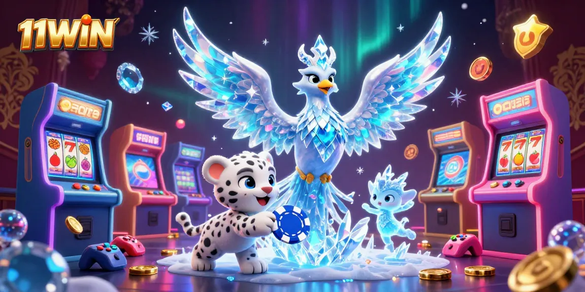 Play at 11WIN with a phoenix and snow leopard in a vibrant casino scene.