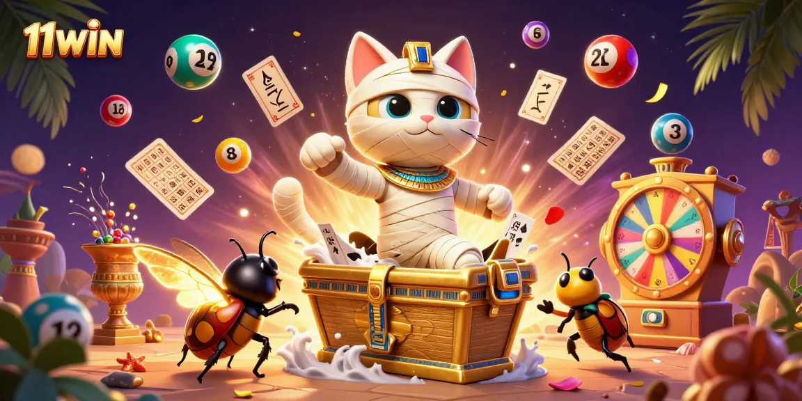 Engage in thrilling gameplay at 11WIN with a dynamic illustration of the mummy cat bursting from a casino
