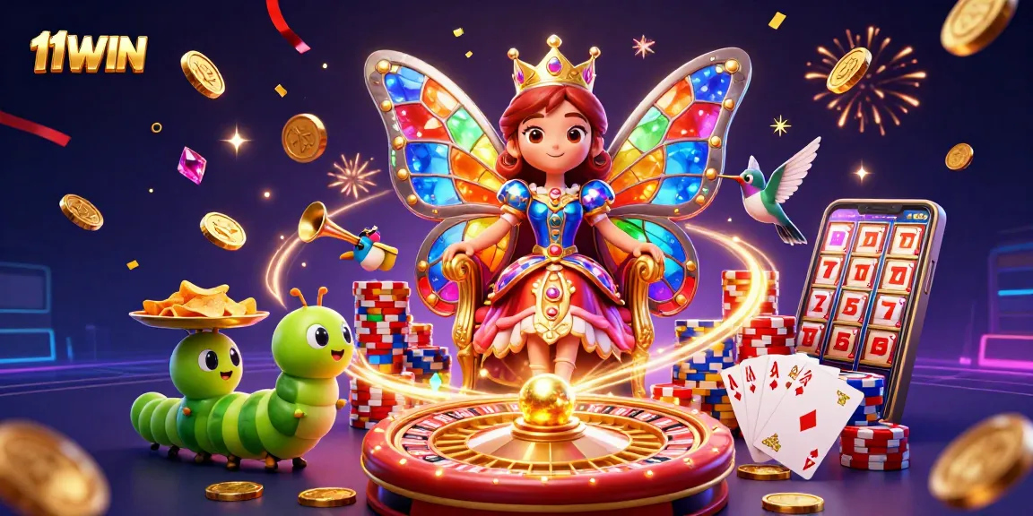 Experience 11WIN's vibrant casino atmosphere, showcasing epic wins with a butterfly queen and golden gaming elements.