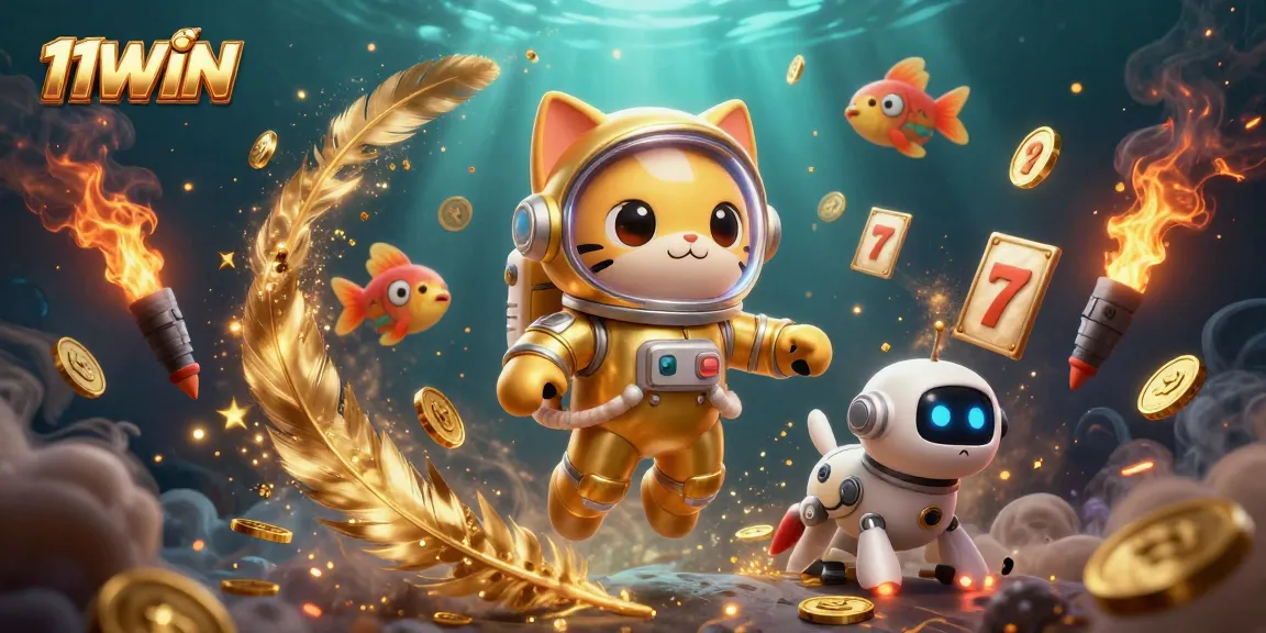 Engage in thrilling gameplay at 11WIN with a vibrant cosmic casino scene featuring a floating astronaut cat.