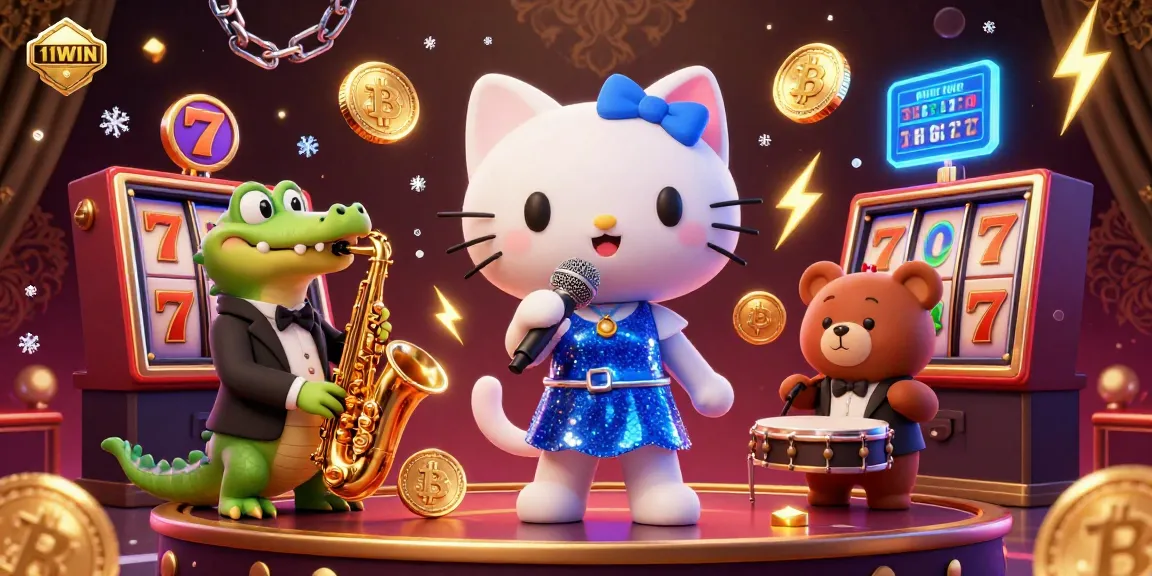 Experience the thrill of 11WIN with a lively casino scene featuring a jazz-singer cat, sax-playing crocodile, and drum-playing bear.