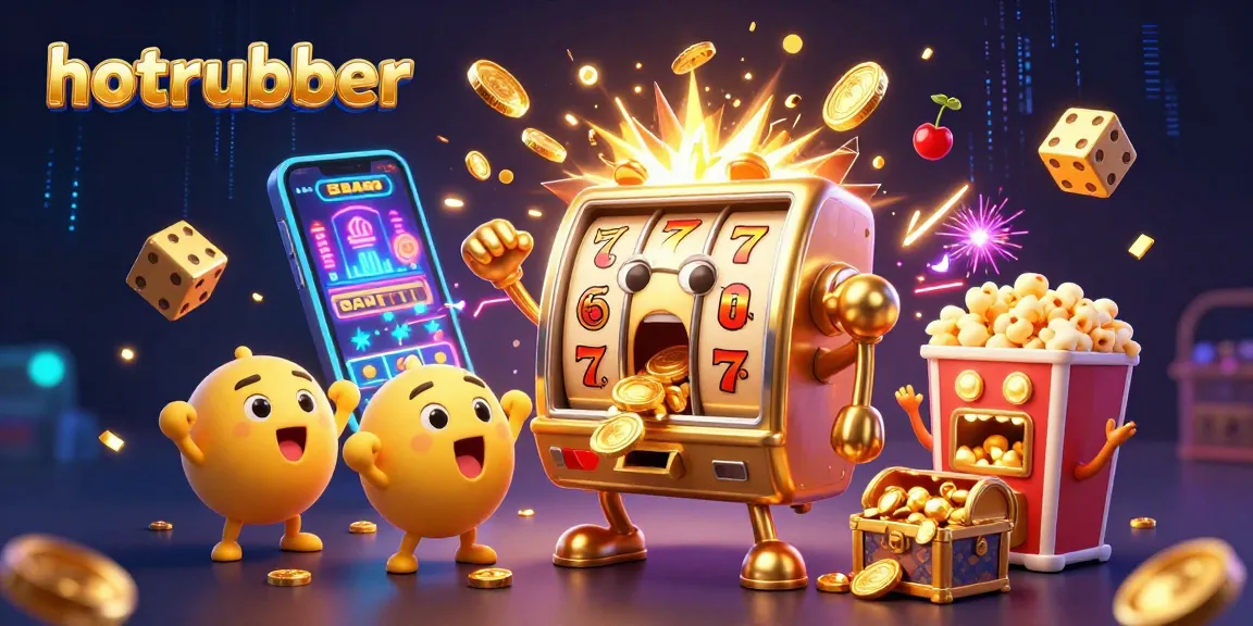 Hotrubber slot machine jackpot scene with coins pouring, vibrant casino elements.