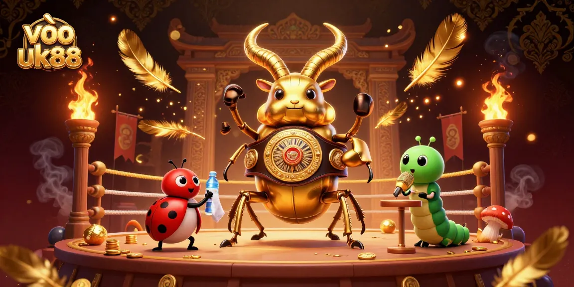 Engage with thrilling action in a vibrant illustration showcasing vào uk88 with a giant stag beetle champion.